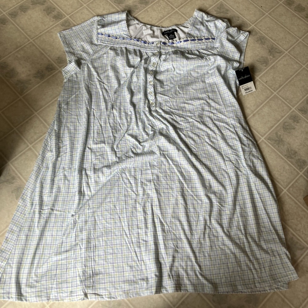 New Earth Angels Nightgown Button‎ Front Knit Short Sleeve XXL Aqua plaid MUUMUU